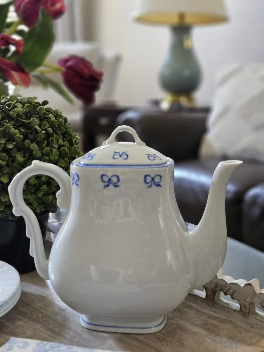 Ruban Blue by Vista Alegre White Porcelain Teapot with Blue Ribbon Trim. Mint!